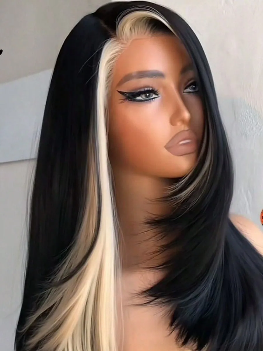 

Черно-белые многослойные прямые парики с кружевной передней частью 13x4, без клея, с предварительно выщипанными волосами, HD-кружево, синтетические, высокого качества