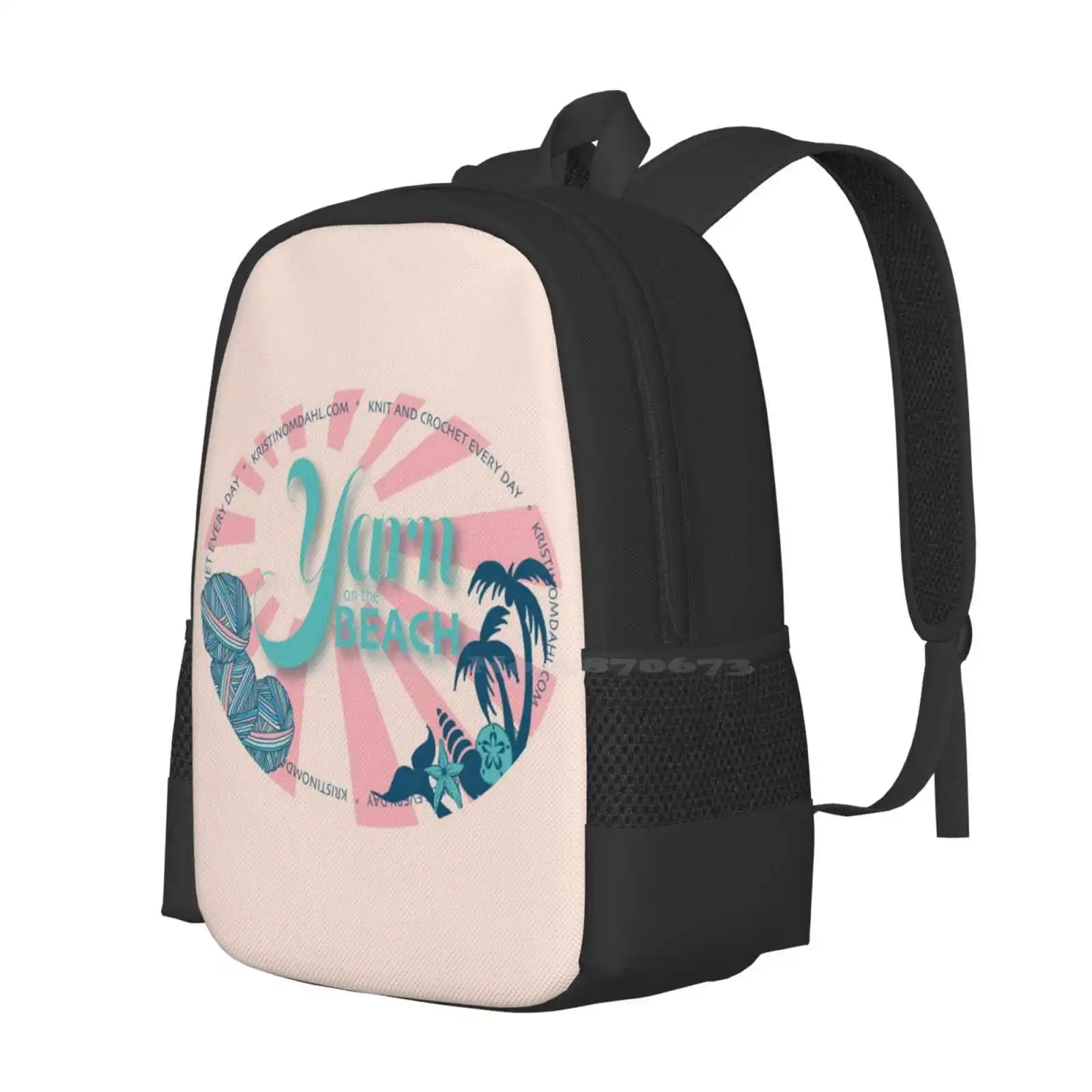 Yarn On The Beach 3D Print Design Backpack Student Bag Knitting Crochet Yarn Balls Kristin Omdahl