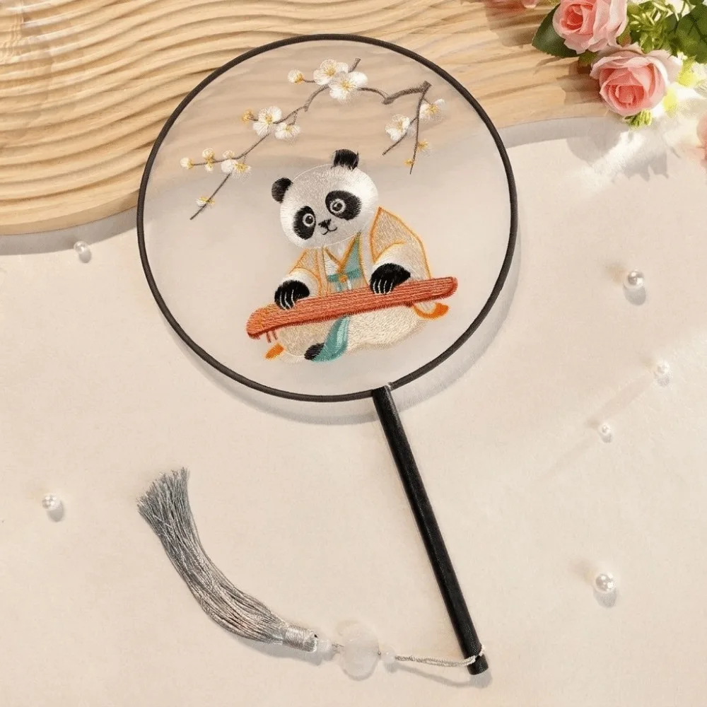 Wooden Handle Double Sided Embroidery Fan Flower Pattern with Tassel Embroidered Silk Fan Handheld Dance Fan Ancient Costume