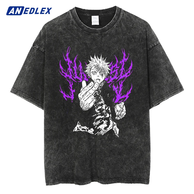 2024 Summer Vintage T-shirt Streetwear Anime Print T-shirt Oversize T Shirt Loose Casual Men Women Washed Tees Tops