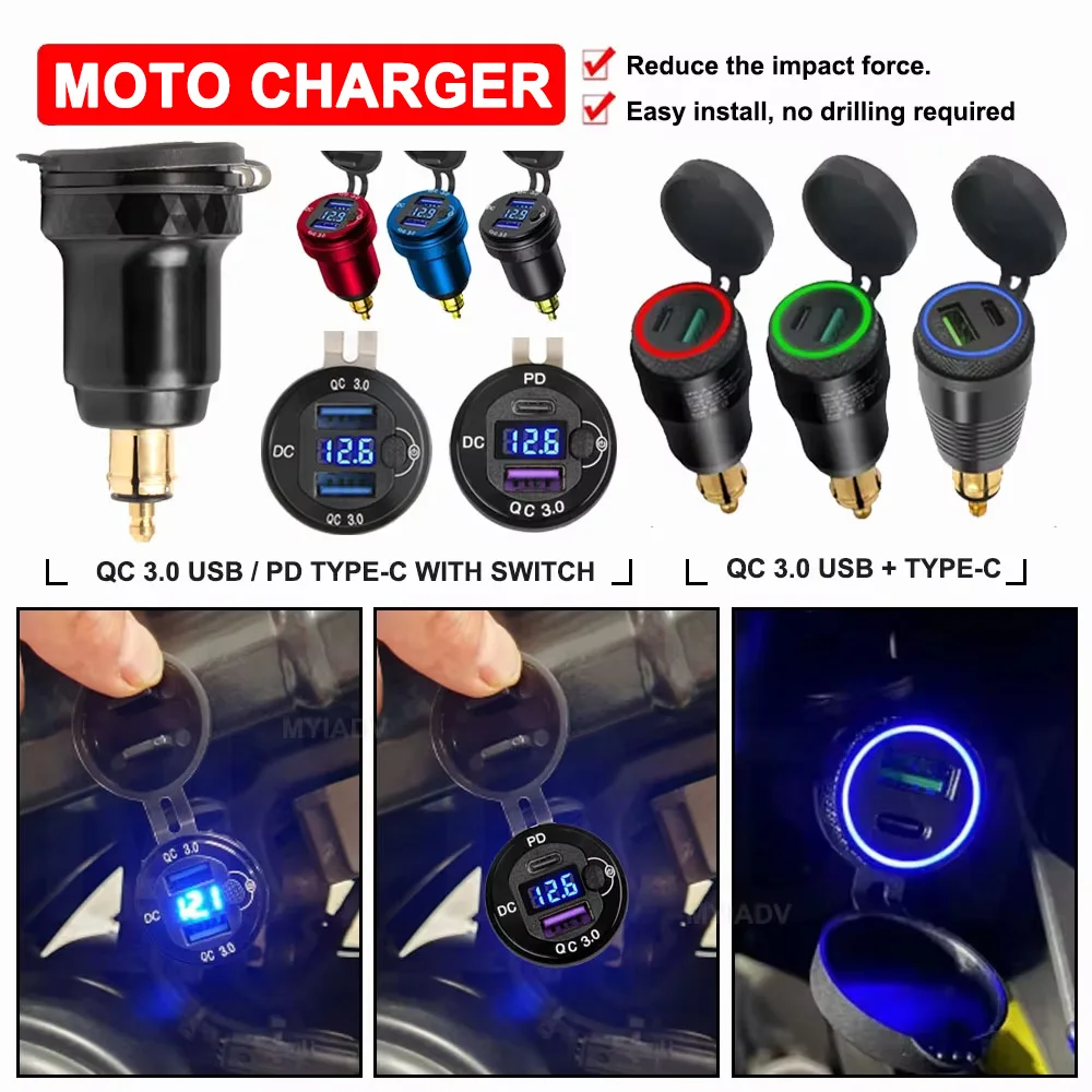 

QC 3.0 USB PD Type-C Motorcycle Charger With Switch Accessories For BMW R1200RT R1200GS R1250GS ADV F800GS F800GT DIN Hella Plug