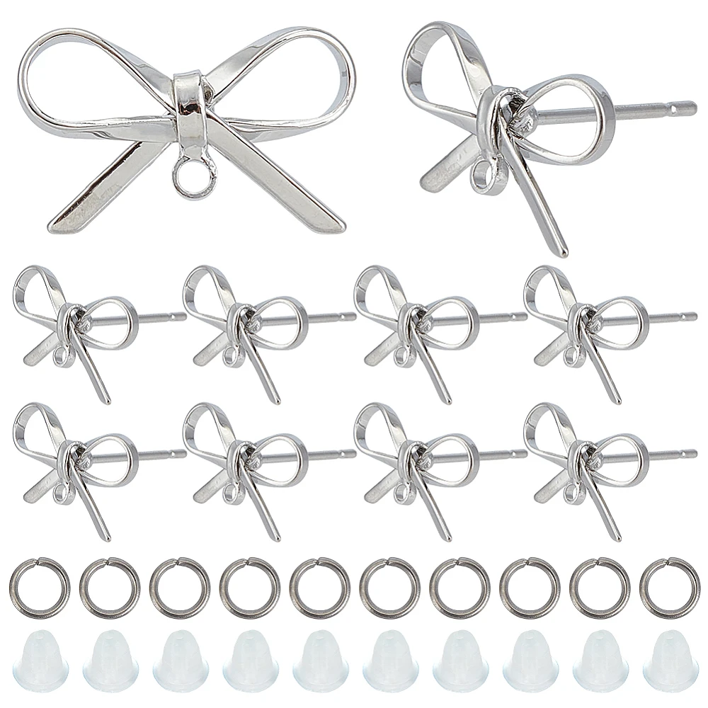 12Pcs Bowknot Earring Posts Genuine Platinum Plated Earring Hook with Ear Nuts Sliver Brass Open Jump Rings DIY Jewelry Findings