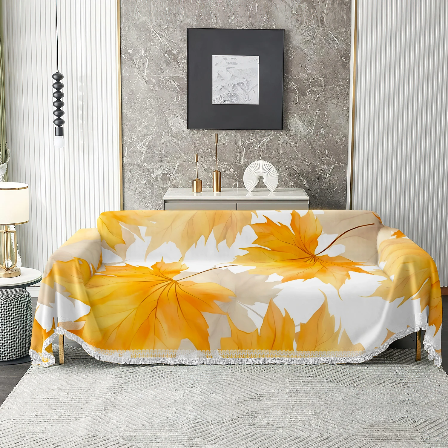 1pc Maple Leaf Sofa Cover, Autumn Fall Couch Throw, Soft Washable Protector with Tassels
