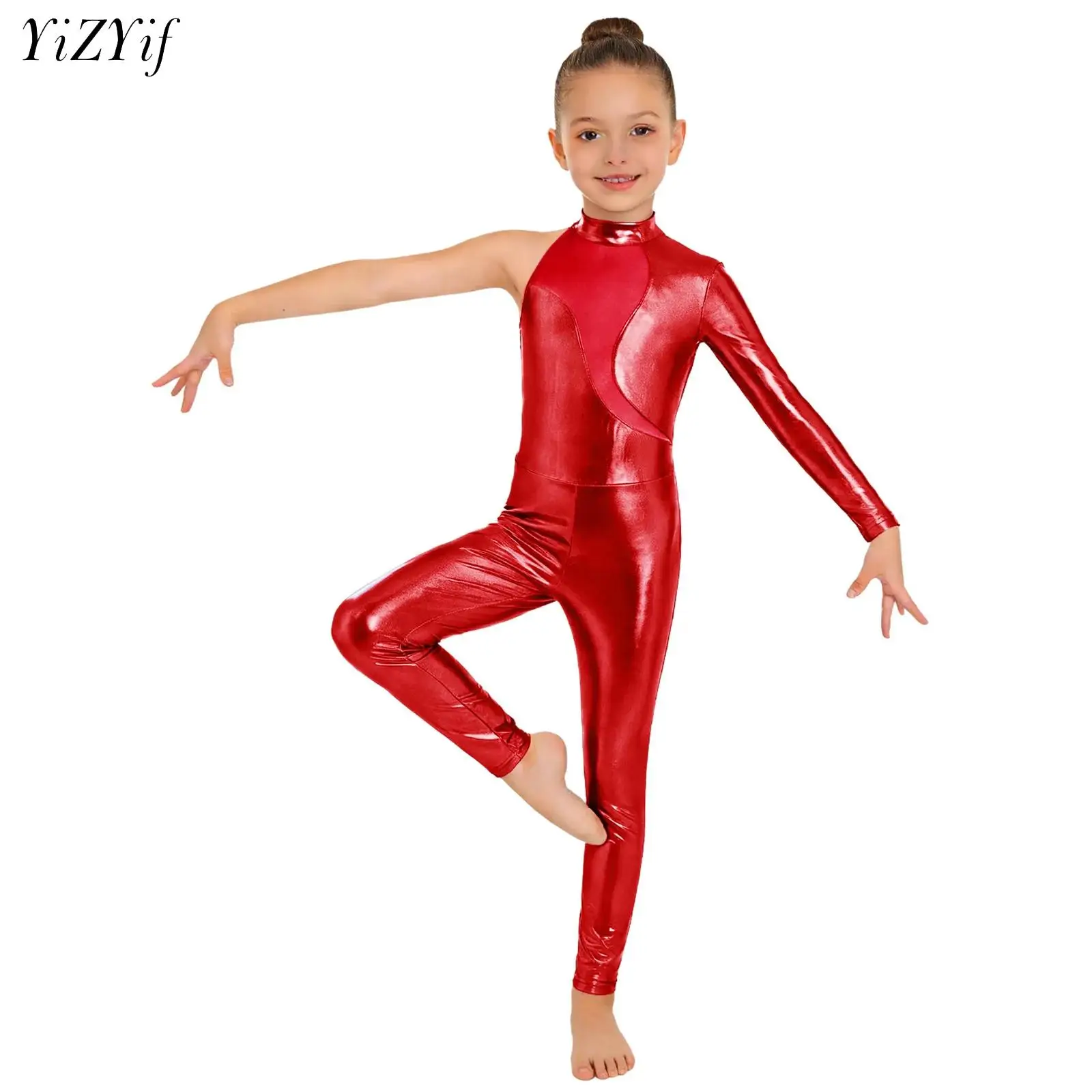 

Детский гимнастический купальник для девочек, металлизированный, на одно плечо, с сетчатыми вставками, комбинезон для фигурного катания, акробатики и выступлений