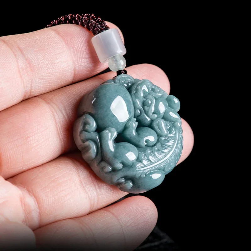 

Jia le/ Hand-carved Natural Blue Water Jade Lucky Pixiu Necklace Pendant Fashion Amulet Men and Women Couples Accessories Gift