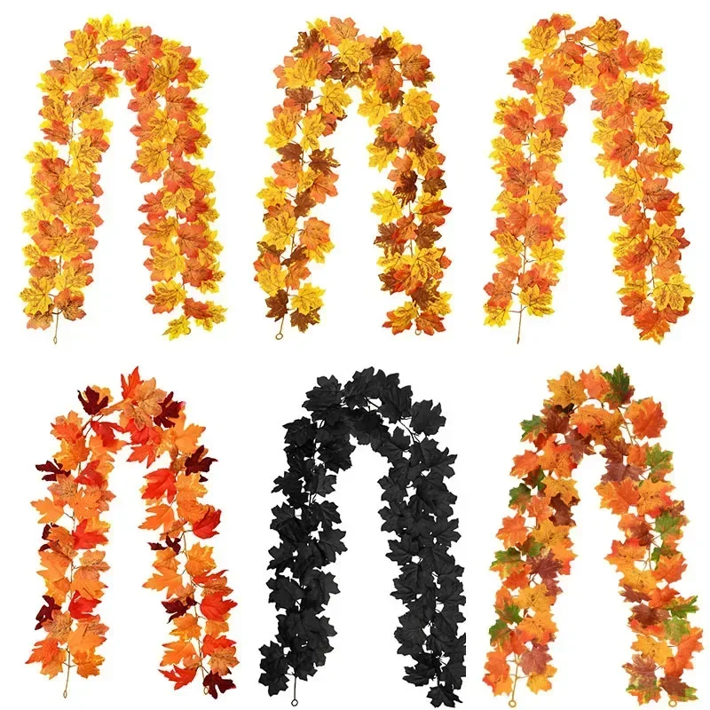 2M Artificial Fall Maple Leaf Garland Fake Plants Autumn Decor Leaves Vine for Thanksgiving Halloween Festivals Wedding Decora