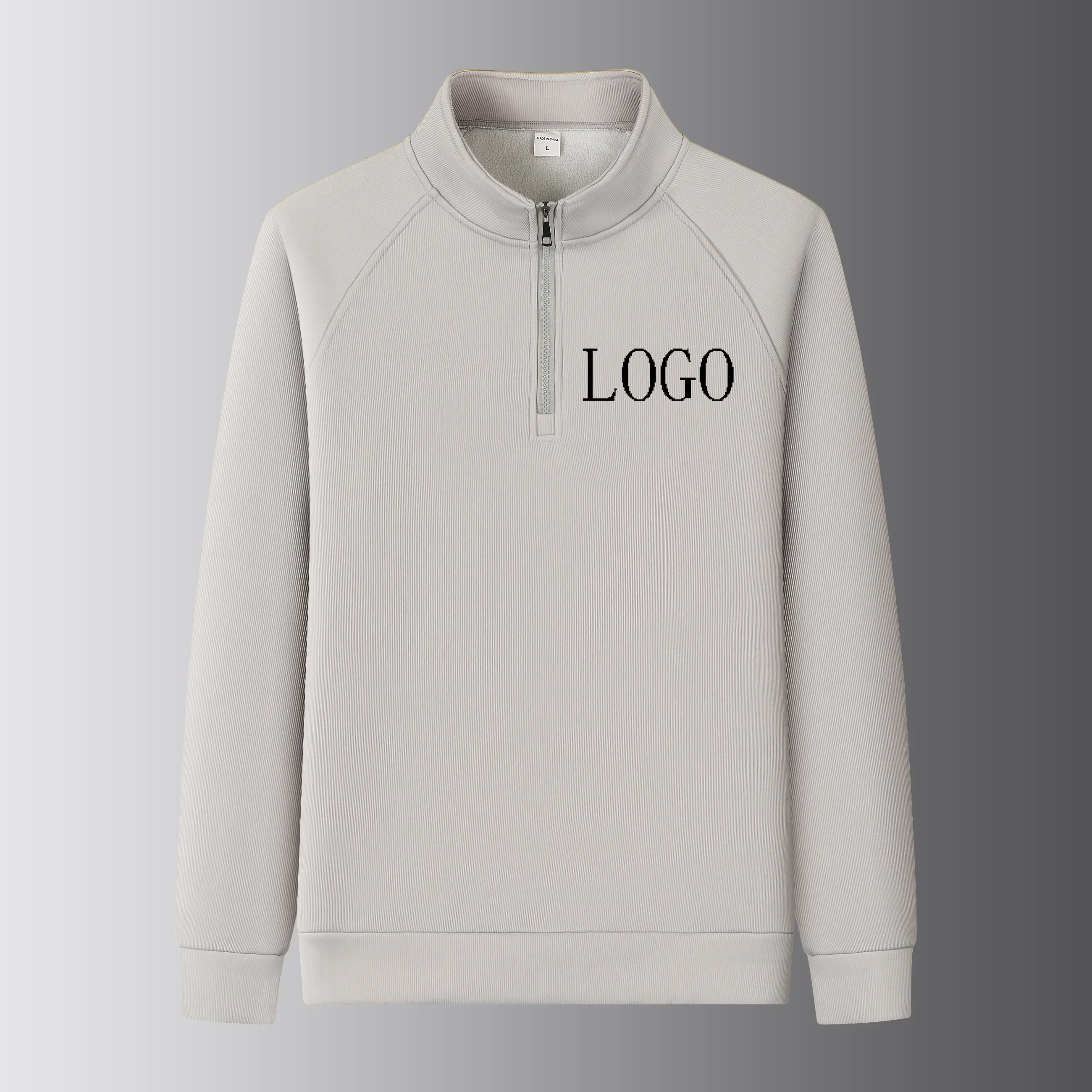

Men's long-sleeved warm jacket with straight collar, solid fabric, zipper for the front, half-zippered design, highly personaliz