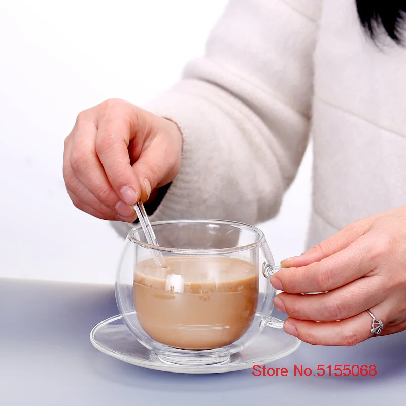 Double Wall Glass Transparent Scented Tea Cups And Saucers  Anti Scald Vacuum Cappuccino Latte Coffee Mug With Spoon Gift BOX