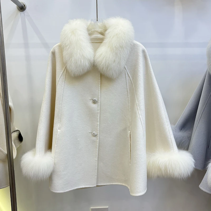 Women Autumn Loose Blue Girl's Woolen Cape Oversize Real Fox Fur Collar and Cuff Pink Woolen Cloak Coat
