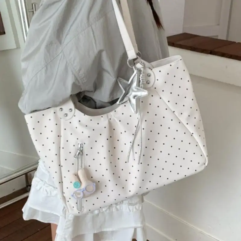 New Vintage PU Tote Bag Casual Students Purse 2026 New Large Capacity Shoulder Bag Polka Dot Zipper Commuting Handbag For Women