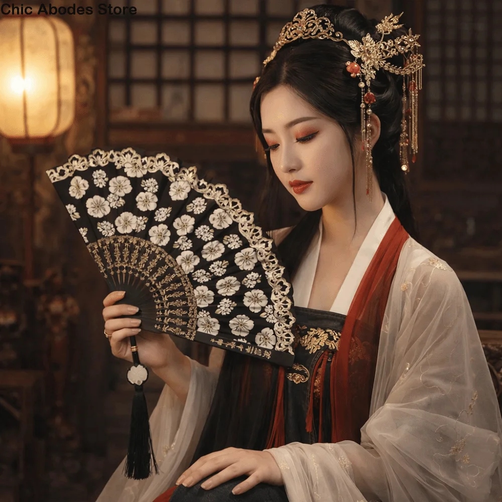 Éventail chinois Hanfu à motif floral, éventail pliant traditionnel vintage avec pompon, éventail portable pour la danse, cadeaux
