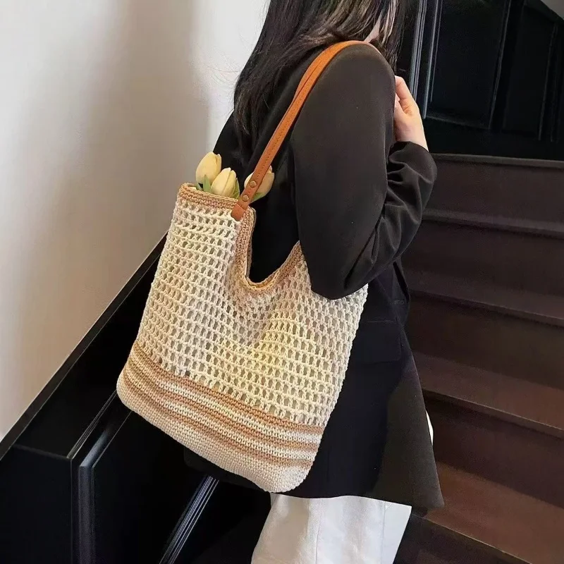 الصيف النساء الجوف خارج النسيج القش حقيبة سعة كبيرة محبوك عطلة حقيبة شاطئية الإناث حقيبة تسوق عادية تخزين حقيبة يد