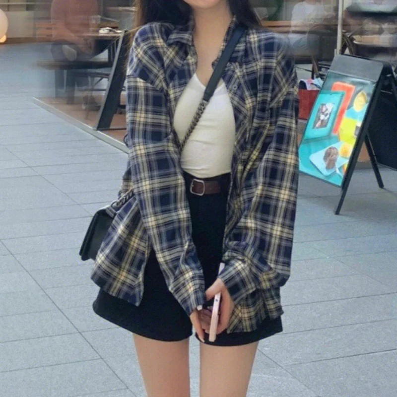 Flannel Plaid Shirt for Women Long Sleeve Check Shirt Preppy Casual Loose Button Down Tartan Shirts Spring Autumn Tops