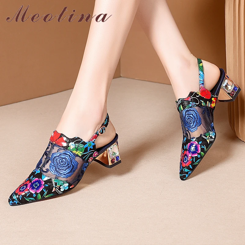 

Meotina Women Genuine Leather Slingbacks Pumps Pointed Toe Thick High Heels Embroider Buckle Mixed Colors Ladies Shoes Summer 43