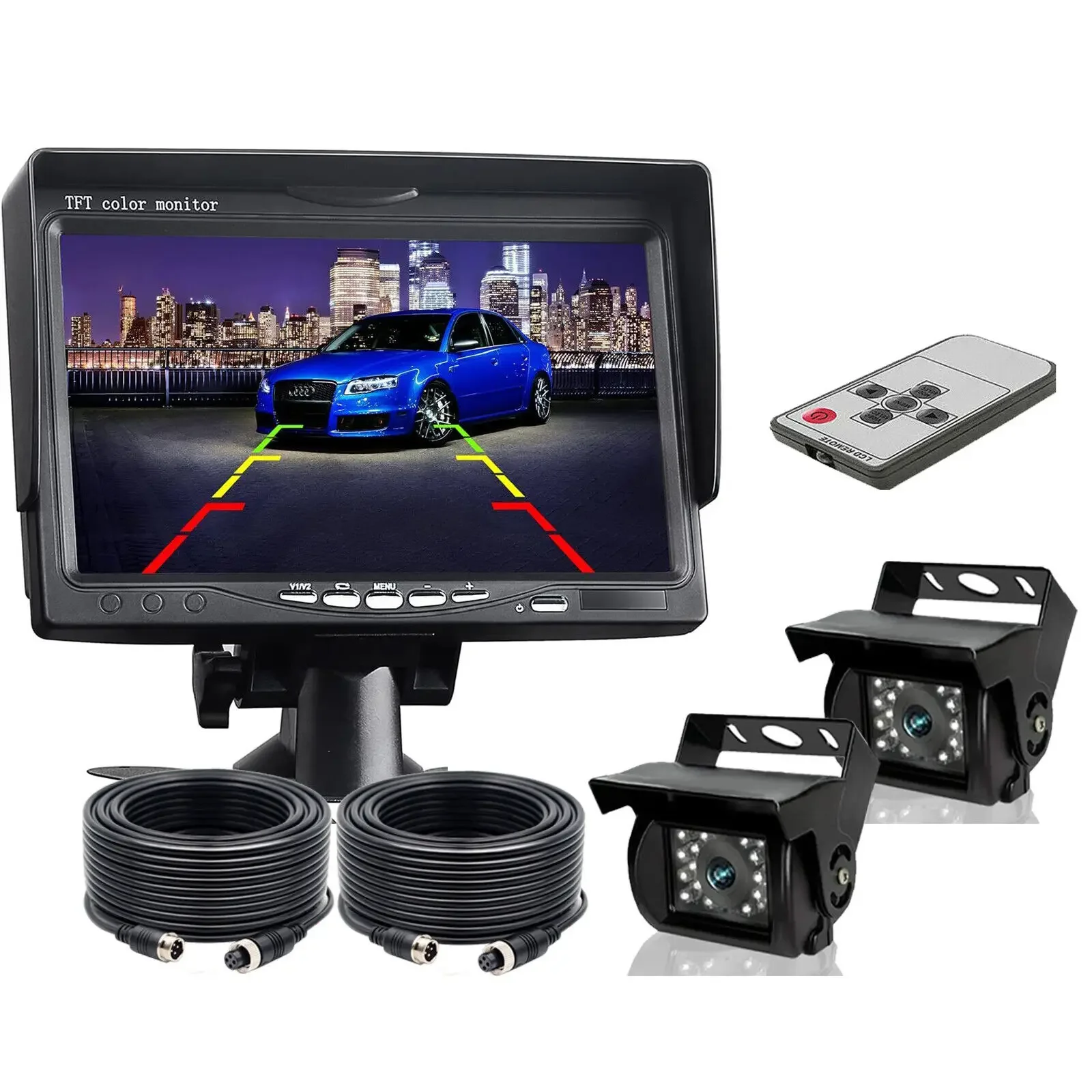 

7" Monitor 2x Rear View Backup Camera 4PIN System For RV Truck Heavy Equipment
