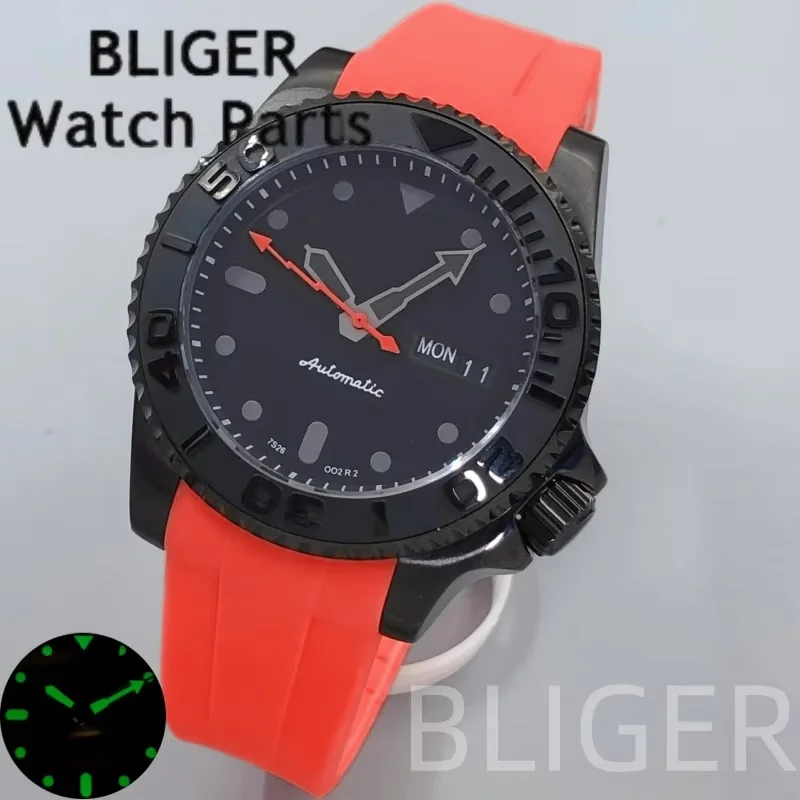 

BLIGER 40 мм Мужские механические часы NH36 с заводной головкой 3,8 Светящийся черный циферблат Сапфировый резиновый ремешок Красный Желтый 100 м Часы для дайвинга для мужчин