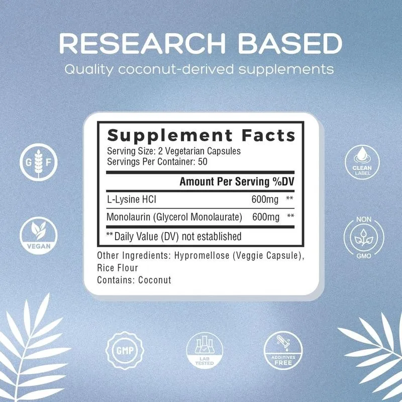 

L-Lysine + Monolaurin Capsules - Improve Insomnia, Improve Memory, Boosts Metabolism, and Help Produce Antibodies