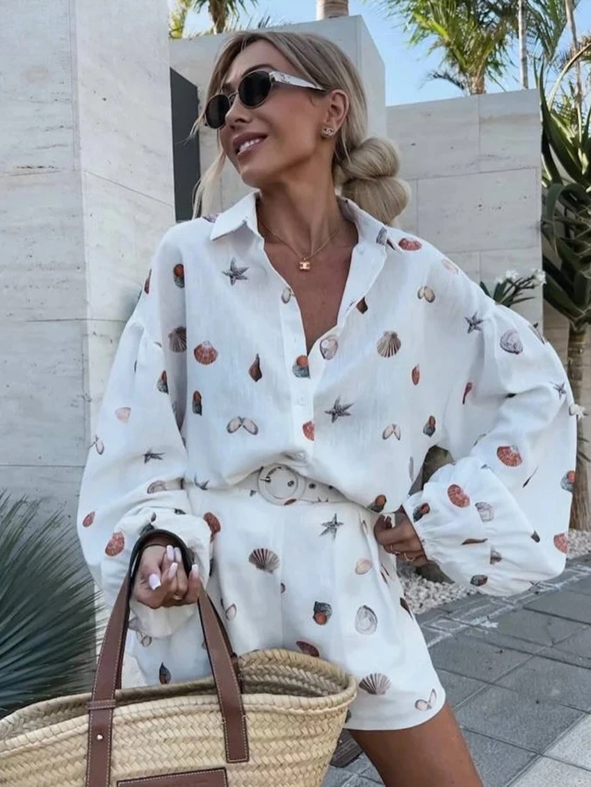 

Fashion Loose Print 2 Piece Set Women Elegant Long Sleeve Shirt With High Waist Shorts Set Female Streetwear