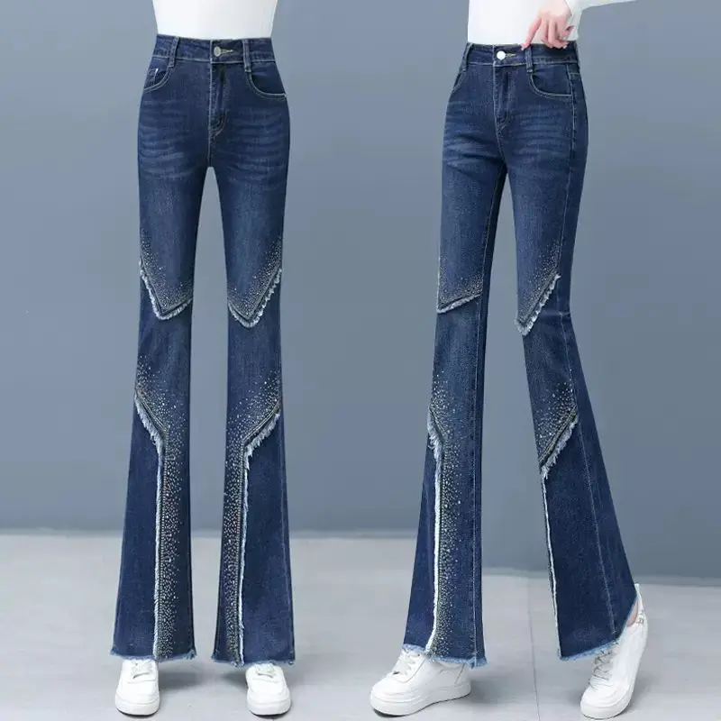 

2023 Spring and Autumn New High Waist Stretch Flared Jeans for Women Hot Drilling Burr High Waist Fishtail Flared Jeans Woman