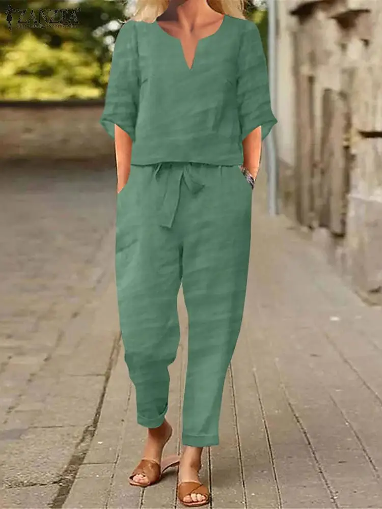 ZANZEA estate mezza manica camicetta pantaloni abiti 2 pezzi donne coordinati set moda Solid Pant set Casual abiti larghi tute