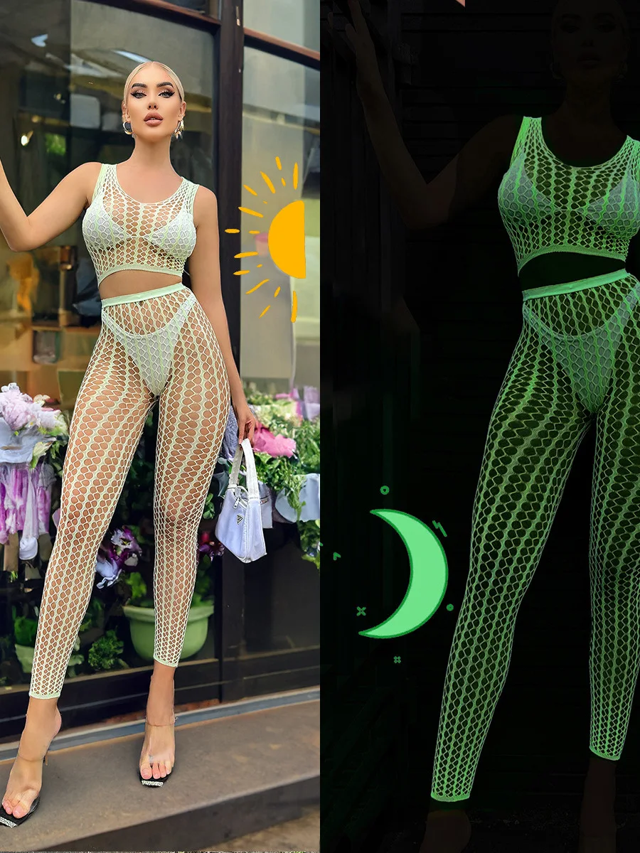 Fluorescent Green Hollow Out Two-piece Net Socks Fishing Net Women's Beach Tight Fitting French Style Fashion Women Rompers 645D