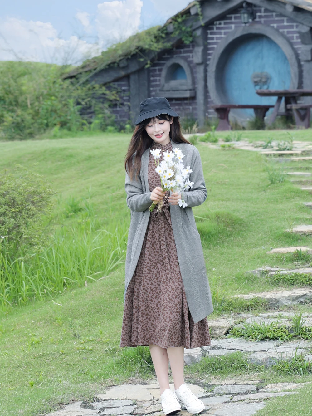 

Свободный длинный вязаный кардиган для женщин, модный винтажный свитер-пальто средней длины, однотонный, для повседневной носки, осень 2024