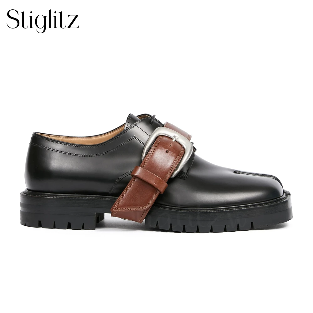 Brown Belt Buckle Tabi Loafers Black Leather Split Square Toe Loafers for Men Punk Style Handmade Lace up Genuine Leather Shoes