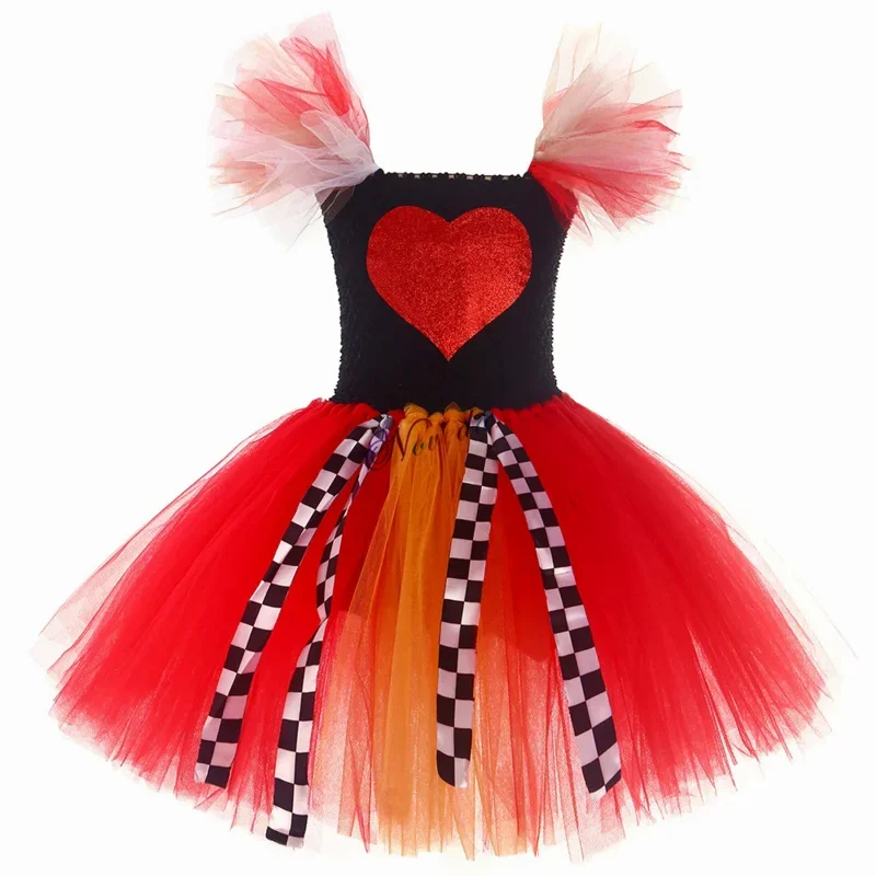 Alice Queen Of Hearts Costume Kids Red Queen in Wonderlands Cosplay Costume Crown Baby Girls Halloween Birthday Party Dress V