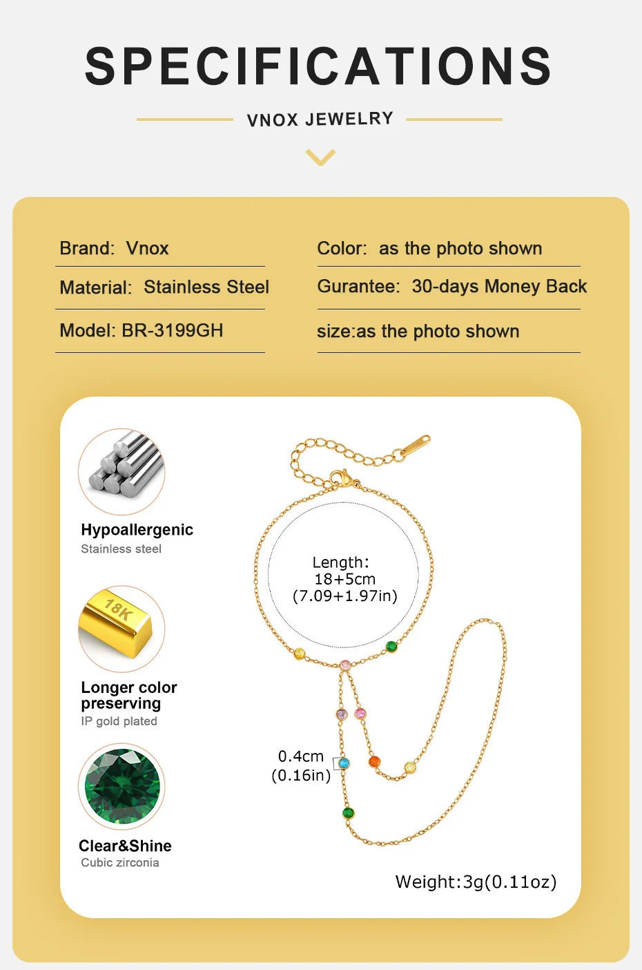 Vnox Luxuriöser Tropfenförmiger Bunter Zirkonia Fingerring Kettenarmband für Frauen Trendiges Vergoldetes Stapelbares Alltagsarmband Schmuck – Detail 4