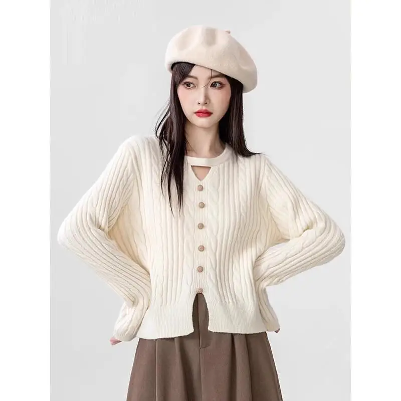

Autumn and winter new apricot twist sweater women's unique design halter neck v-neck long-sleeved sweater tops Fashion Hot Style
