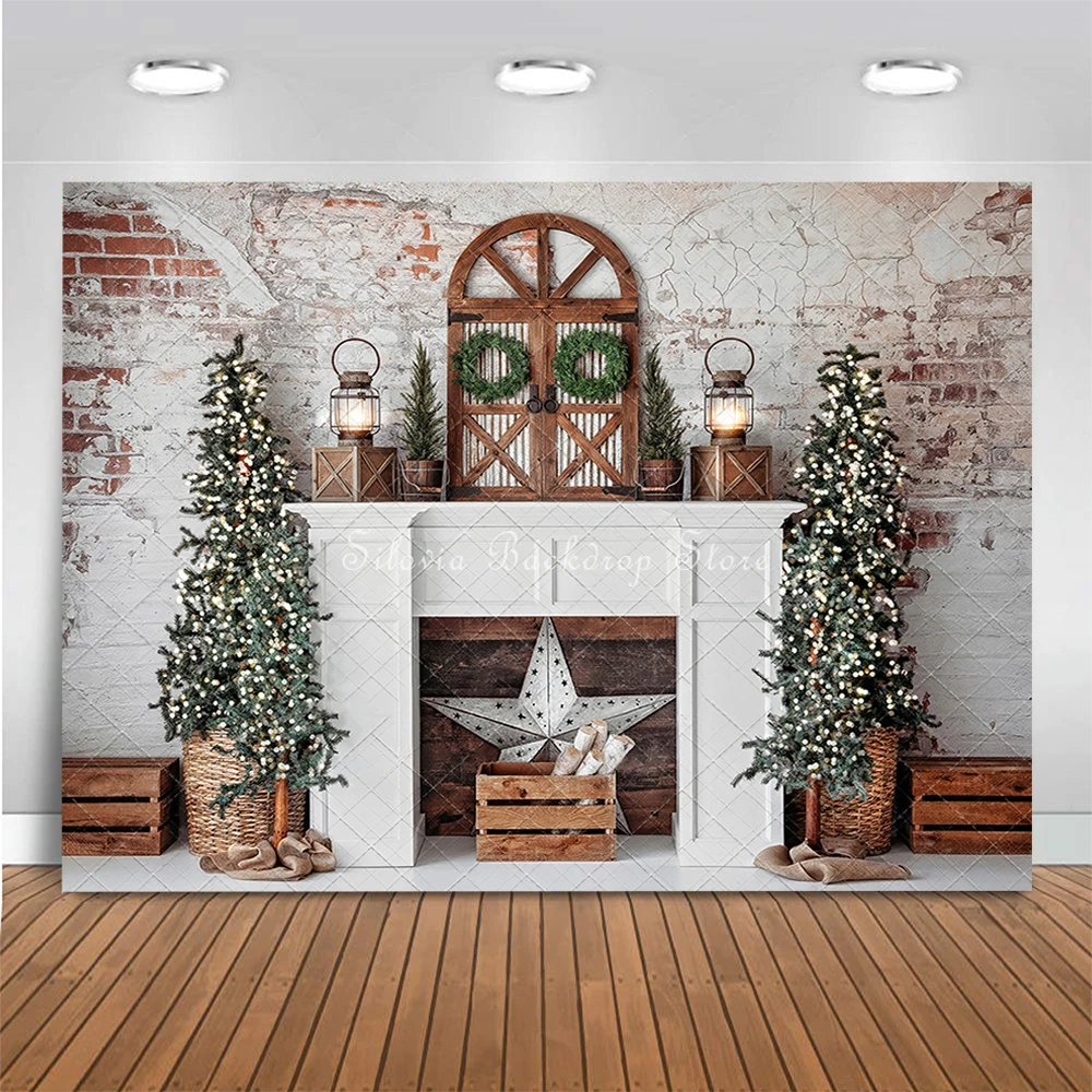 Vintage Rustic Holiday Photo Background Winter Christmas Fireplace Photography Backdrop Kids Cake Smash Photo Studio Props