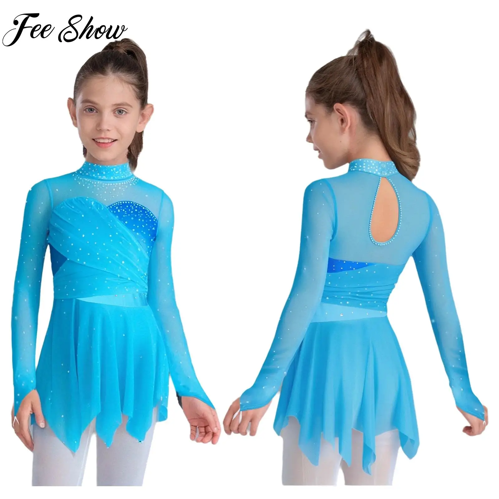 

Teen Girls Lyrical Dance Figure Skating Costume Kids Long Sleeves Sparkly Rhinestones Irregular Hem Ruched Mesh Dress Dancewear