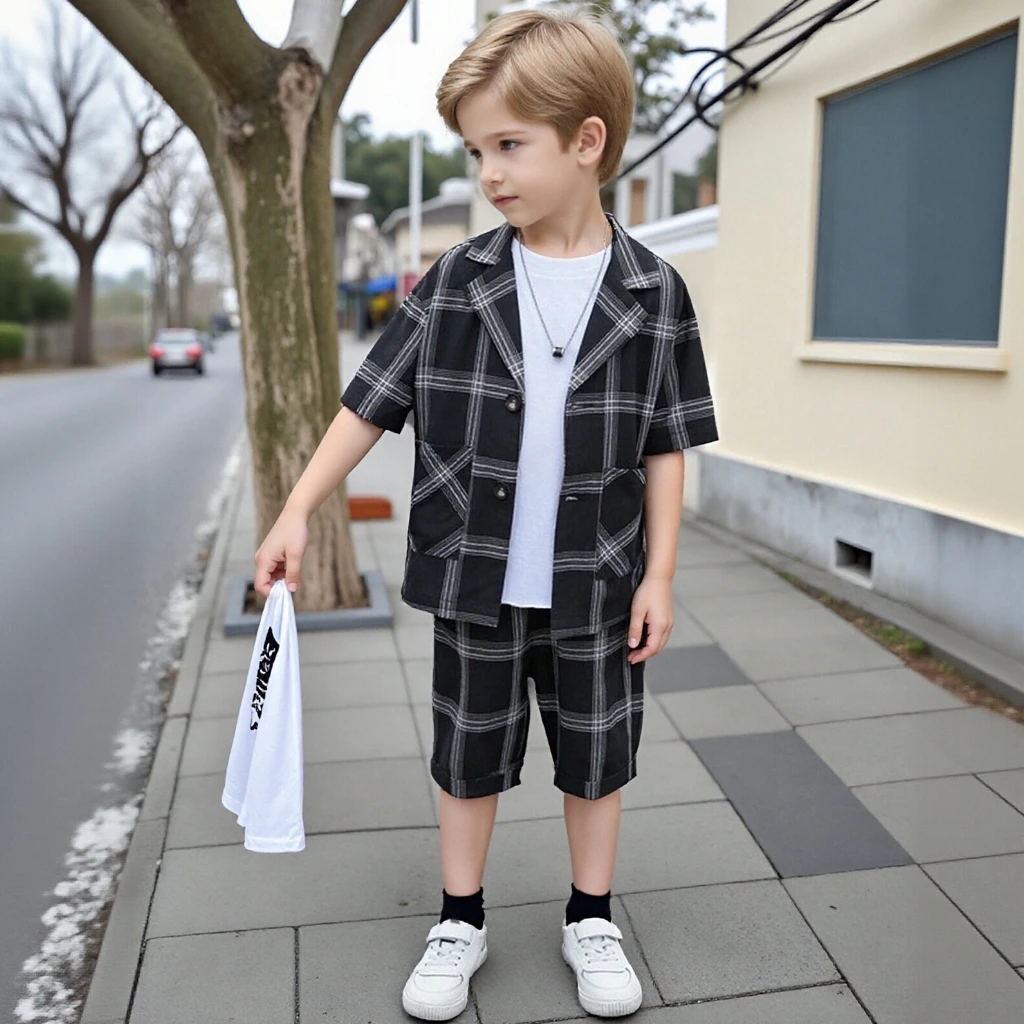 

Boys' Summer Suit Set Trendy Plaid Blazer Shorts 2-Piece Outfit Short Sleeve Formal Wear for Kids Host Performance Costume 10 Y