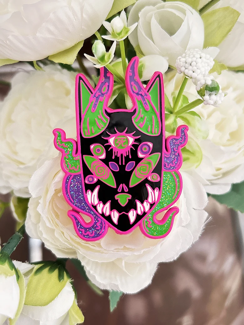 

Bulk Weird Scary Gorgeous Masks Pin A Black Mask With Tentacles Purple And Green Glitter Soft Enamel Purple Metal Badge