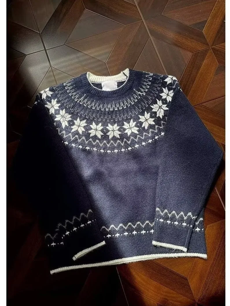 

Ретро американский ленивый повседневный свободный трикотажный свитер Fair Isle, дышащий длинный круглый пуловер для мужчин A...