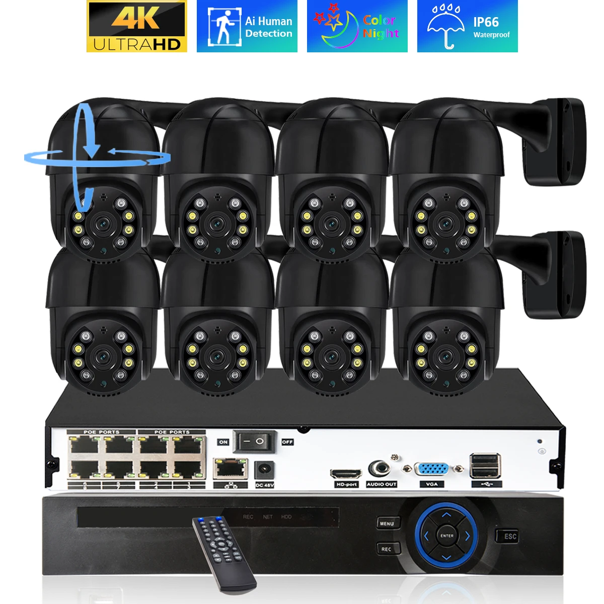 Xmeye – caméra de Surveillance extérieure PTZ IP POE 8CH/4K, dispositif de sécurité intelligent, avec détection humaine, Audio bidirectionnel