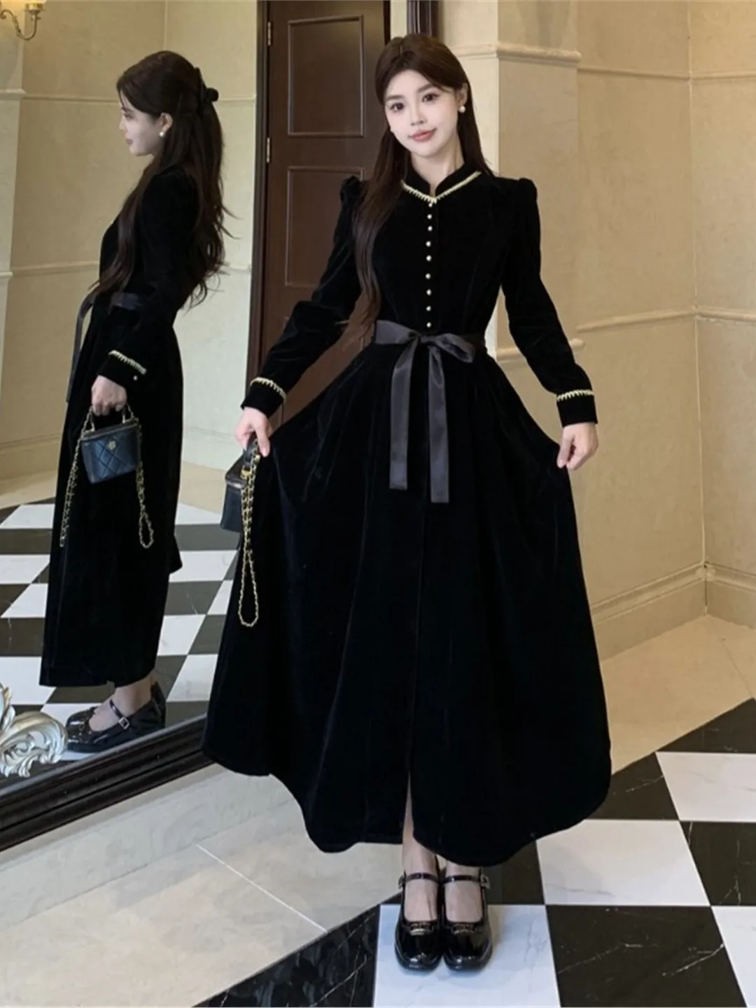 

Ele Bla Long Sve Dr Belted Waist Hepburn Sle plus Size Women's Faion Autumn Winter Loose Fit A-Line Skirt