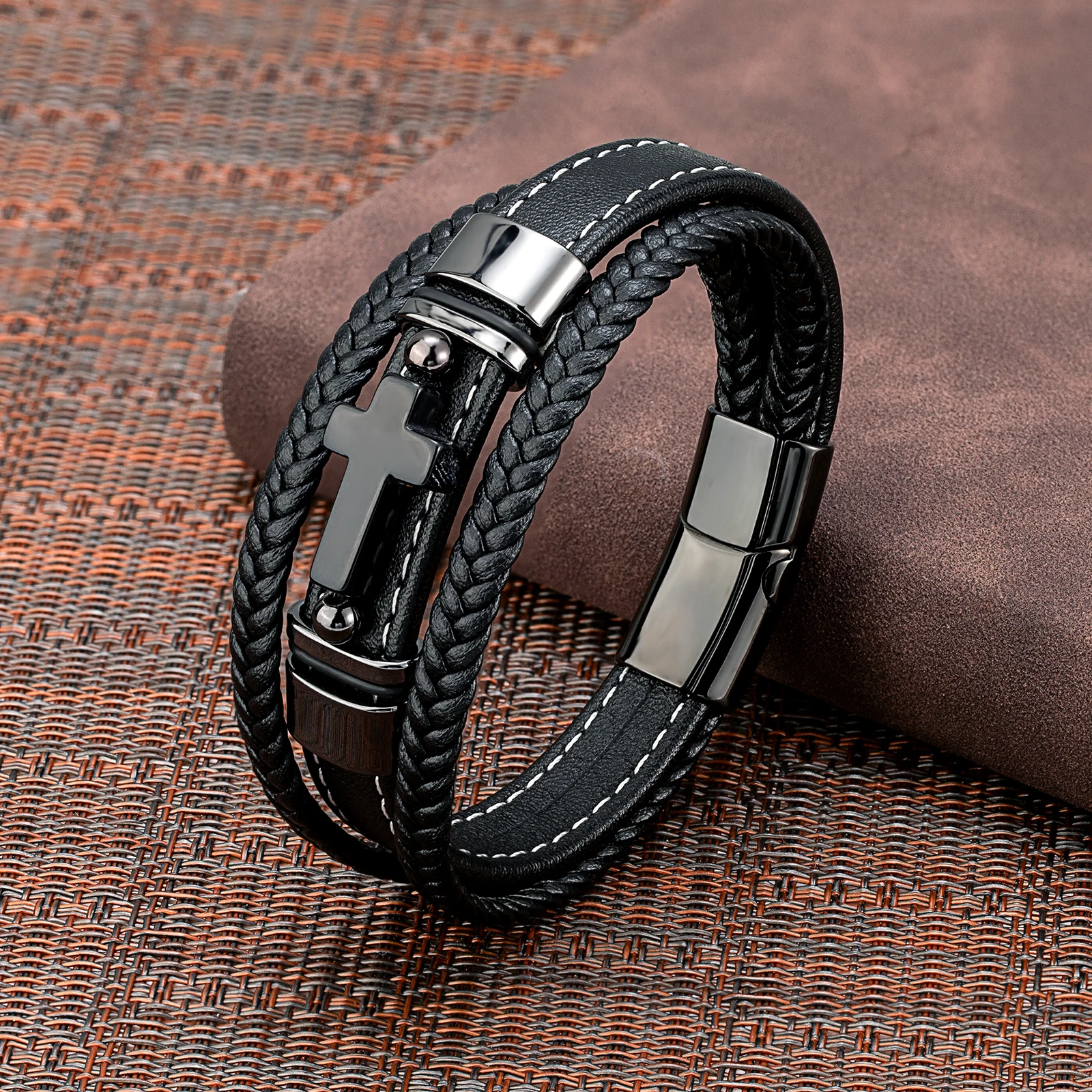 2023 New Vintage Style Cross Natural Tiger Eye with Stainless Steel Casual Collocation 3 Layer Black Leather Cord Mens Bracelet