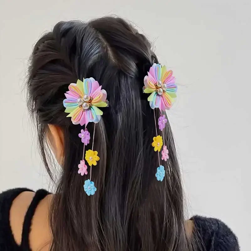 2Pcs Sweet Pearl Tassels Hairpins Kids Rhinestone Barrettes Ribbon Rose Flower Hair Clip Girls Headwear Party Hair Accessories