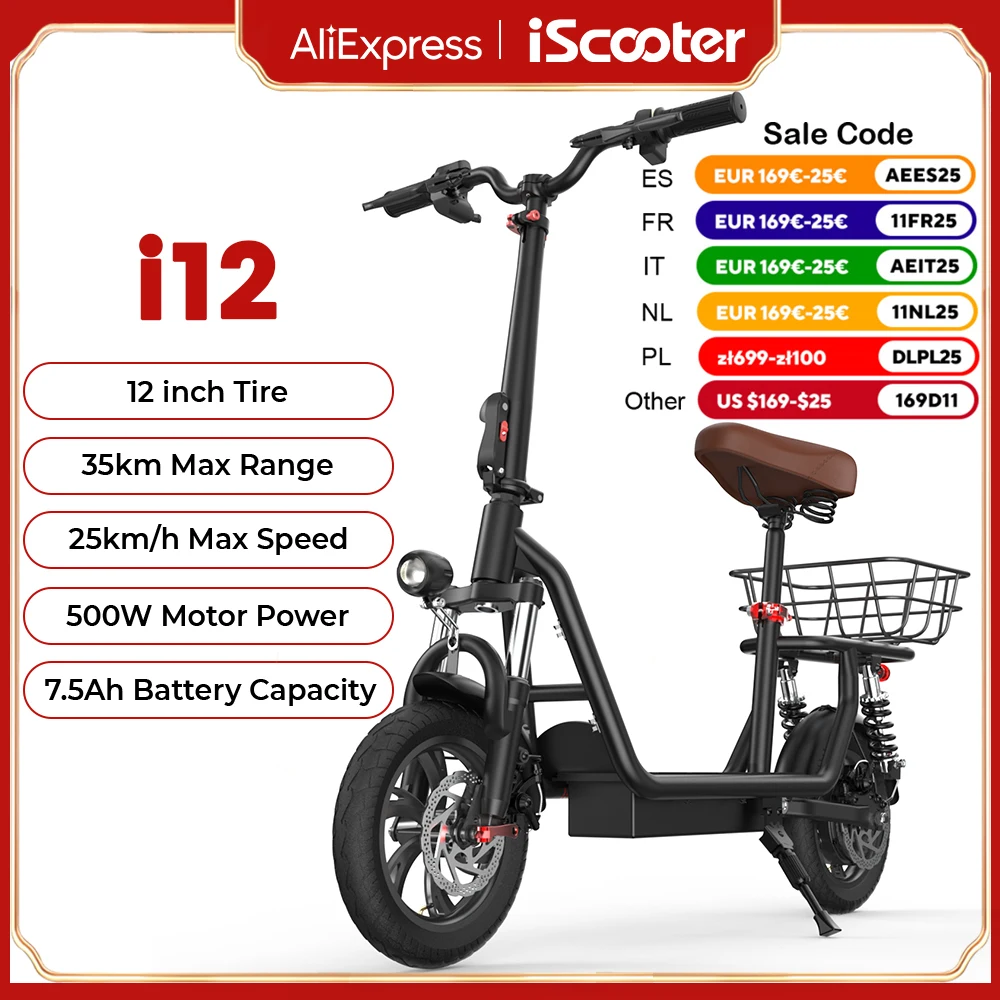 iScooter i12 12inch Electric Scooter 500W 25KM/H Folding Lightweight Adult Scooter 35KM Max Range Scooters with Seat and Basket