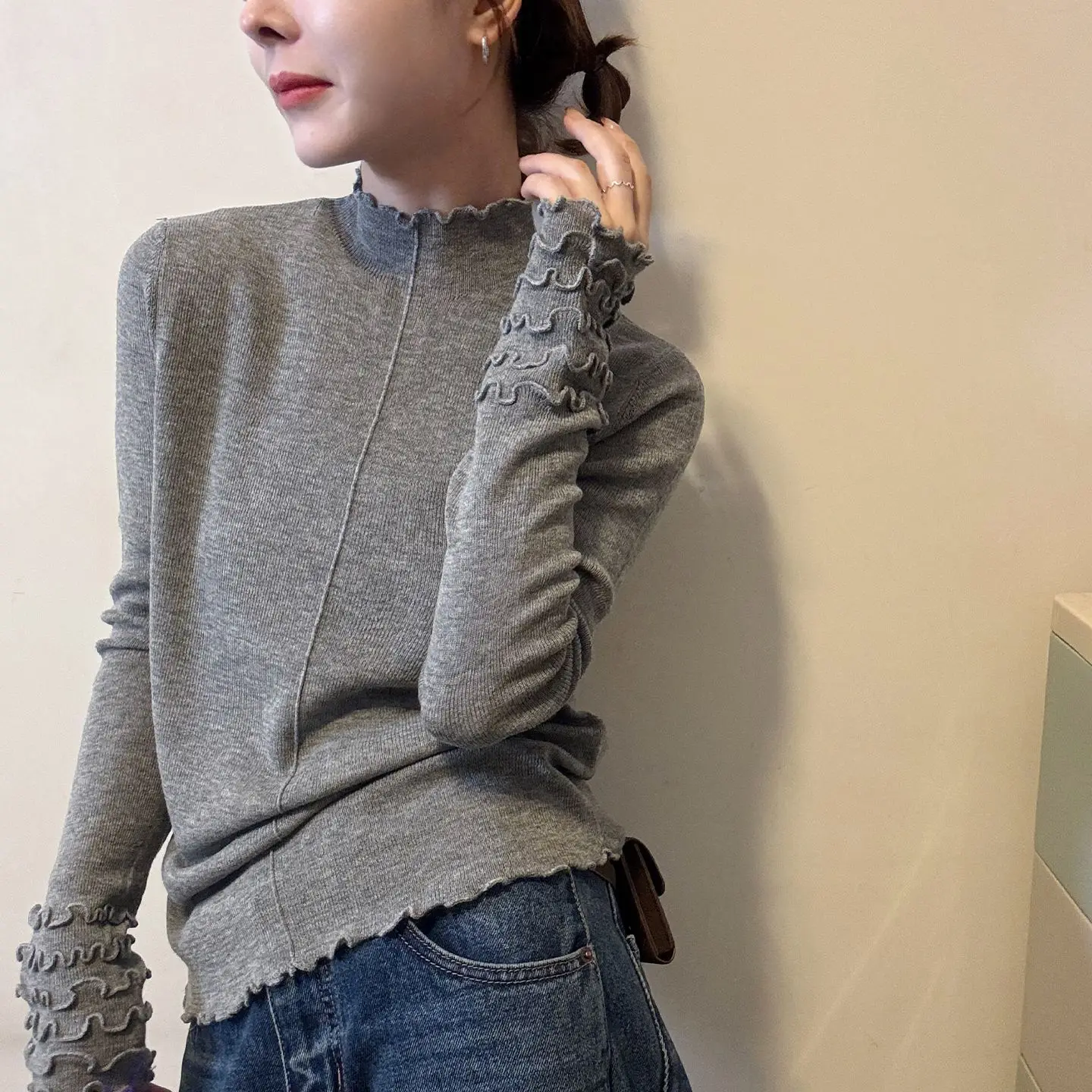 

Autumn Winter Women Knitted Solid Color Lace Trimmed Round Collar Knitted Sweater Top