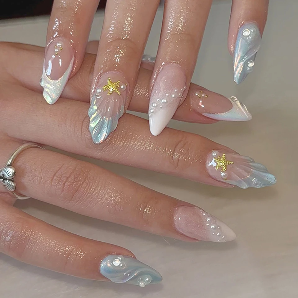 24 piezas uñas postizas largas stiletto negras con moño plateado asimétrico, set de uñas con polvo 3