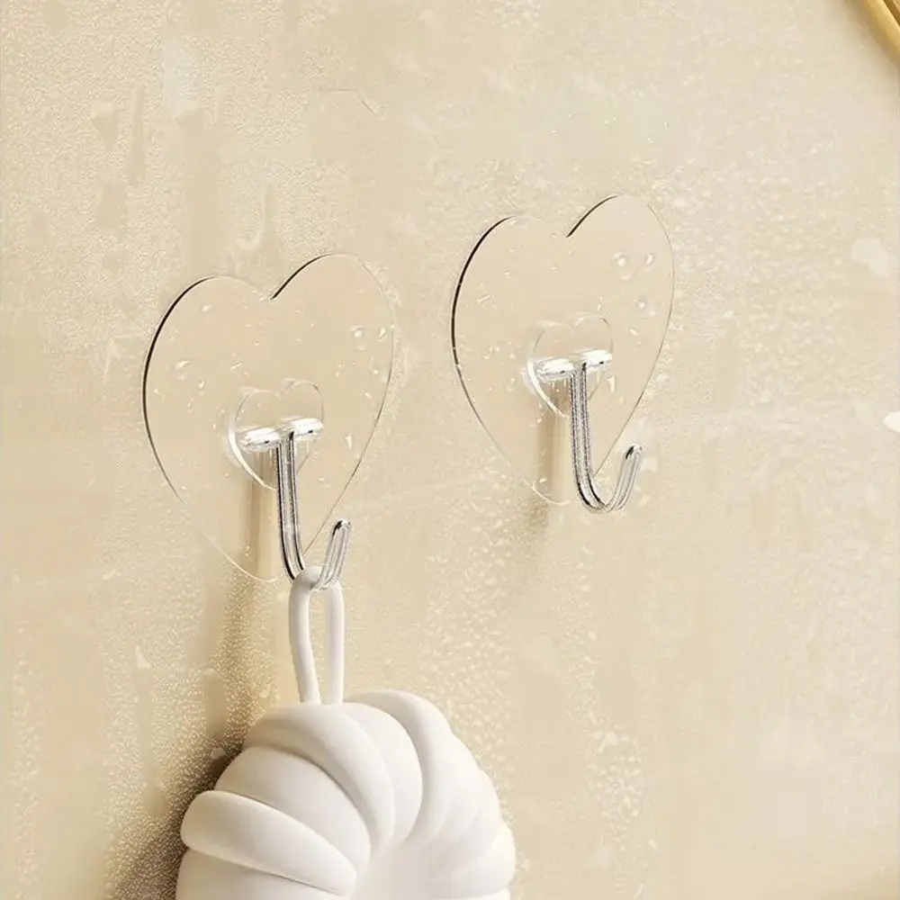 1PCS Self Adhesive Heart-shaped Hooks Transparent Wall Mounted Wall Door Hangers Punch-Free Kitchen Bathroom Accessories