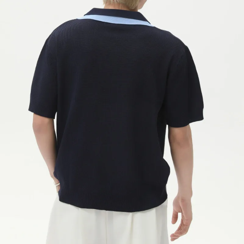 Men's youthful and trendy retro patchwork double neck design fashionable and versatile loose fitting short knitted short sleeved