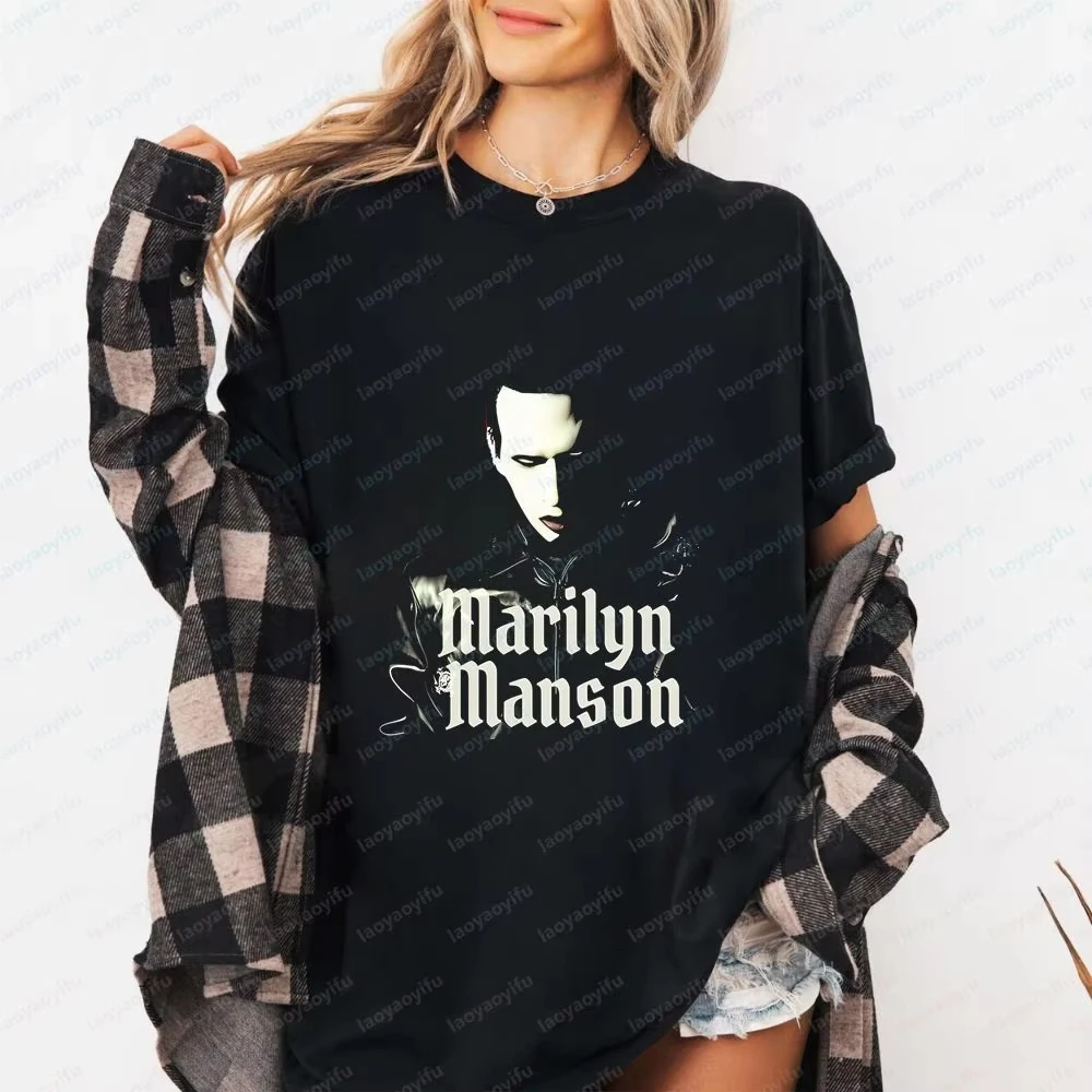 Marilyn Manson Printed T-Shirt, Gender Neutral Harajuku Style Unisex Round Short Sleeve Shock Rock Pattern Casual Streetwear Tee