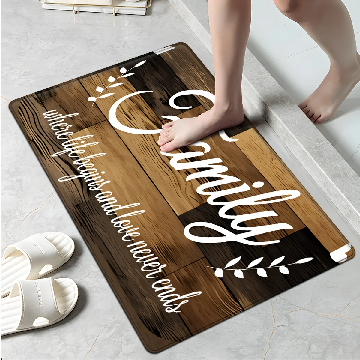 Rustic Wooden Plank Family Quote Doormat  Farmhouse Vintage Wood Grain Letter Print Decorative Bathroom Kitchen Indoor Floor Mat
