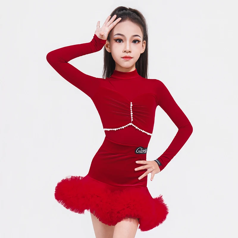 

Зимняя одежда для латинских танцев для девочек, черный бархатный костюм для латинских танцев, детский наряд для выступлений, пышная юбка VDL4900