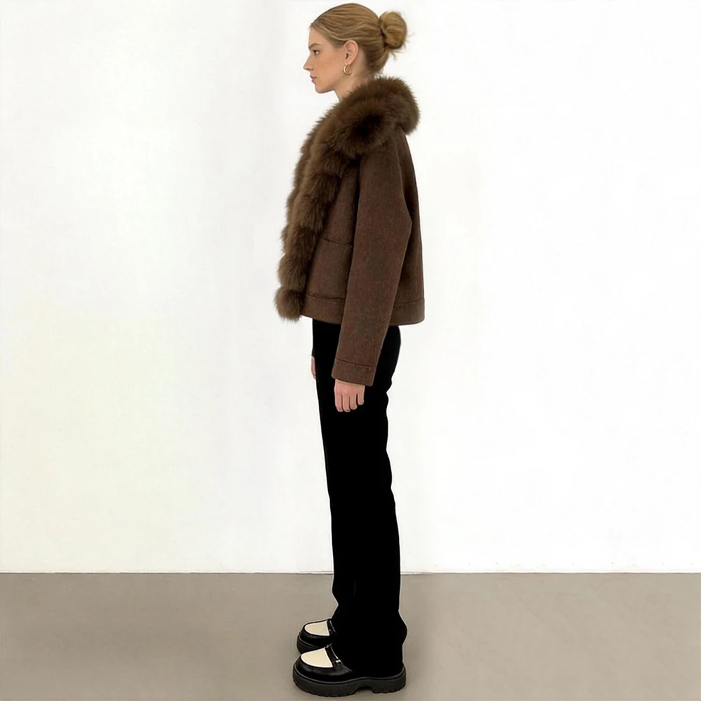 OFTBUY Pockets Luxuriöser Warmer Winter-Mode-Mantel für Damen, Neuer Damen-Cropped-Mantel aus doppelseitiger Wolle mit Echtfuchsfellkragen – Detail 6