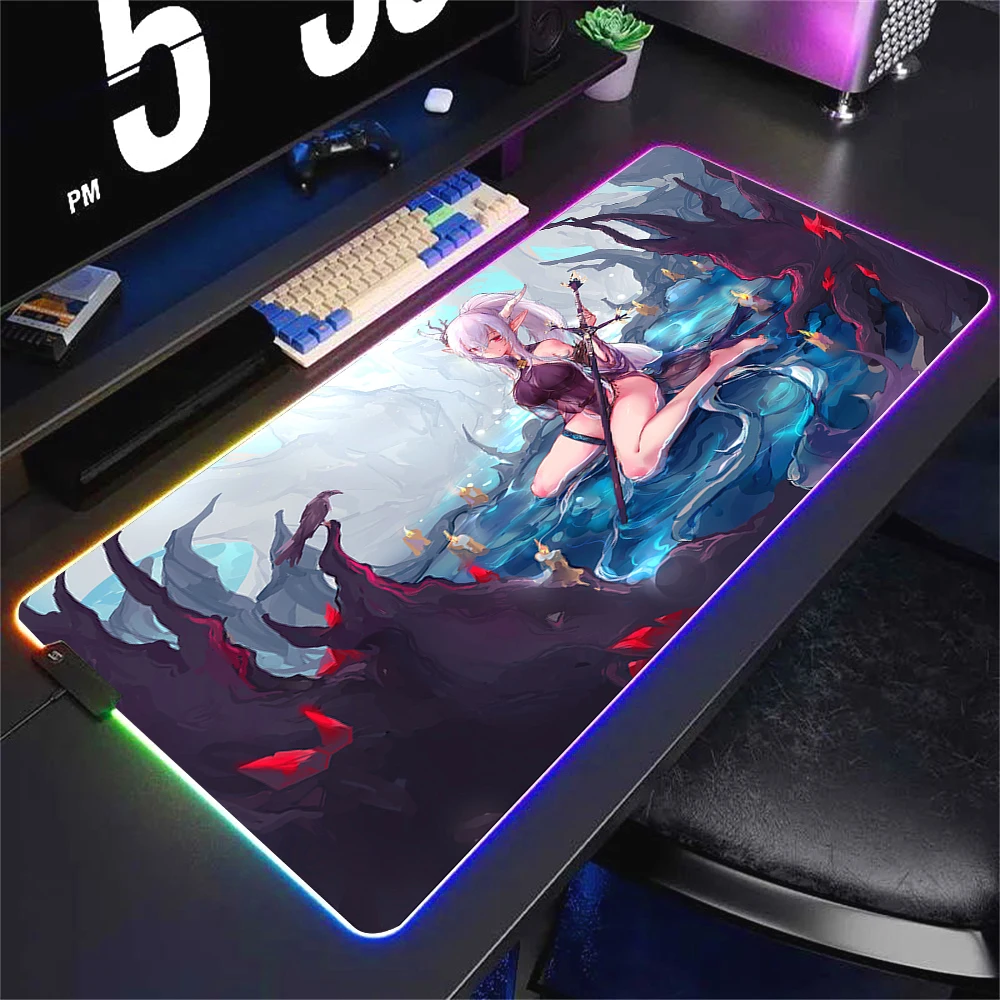 Gamer Arknights Backlight Mousepad RGB Anime Girl Skadi Rubber Mouse Pad Gaming Luminescence Non-slip Desk Mat XXL Keyboard Mats