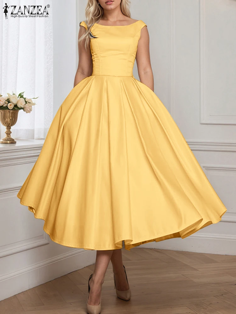 

ZANZEA Elegant Sleeveless Satin Cocktail Party Dresses Inverted Pleats Woman Fashion Boatneck Fitted Waist A-line Robes Femme